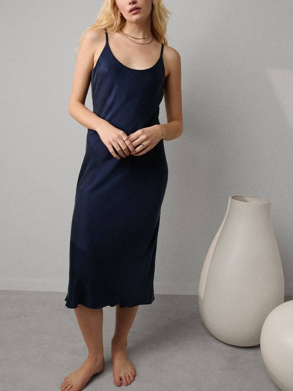 Lunya Washable Silk Navy Slip Dress - Classic Spaghetti-Strap Nightdress